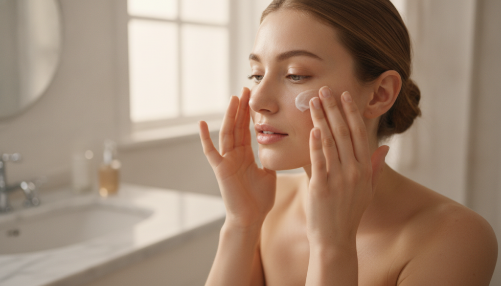 A woman gently applying a small amount of the Vaseline and almond oil mixture to her face focusing on areas with fine li