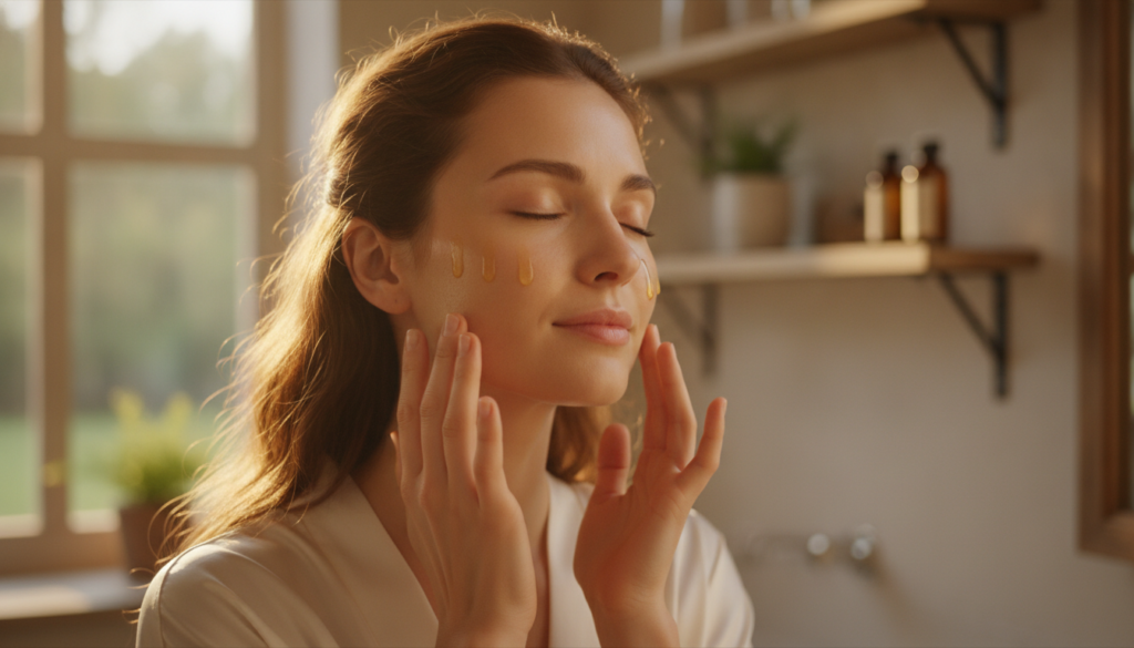 A woman gently massaging a few drops of homemade facial oil into her clean face and neck during her evening routine