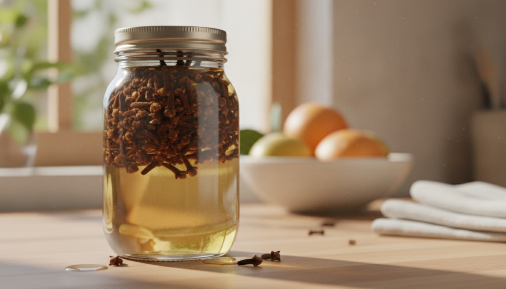 A close-up of whole cloves infusing in a glass jar filled with clear oil placed on a kitchen counter