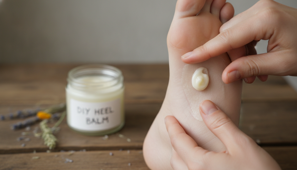 A person s hands gently massaging the DIY heel balm into the dry cracked heel of a foot illustrating the application pro