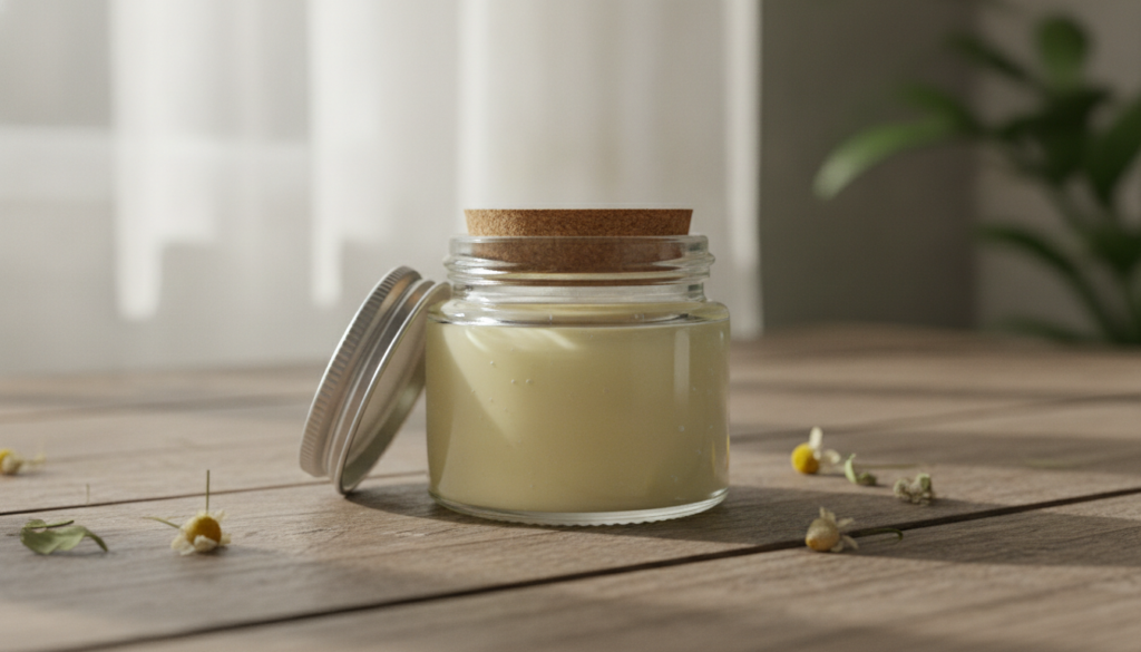 A small clear glass jar filled with the finished DIY heel balm showing its smooth slightly yellowish texture The jar is 