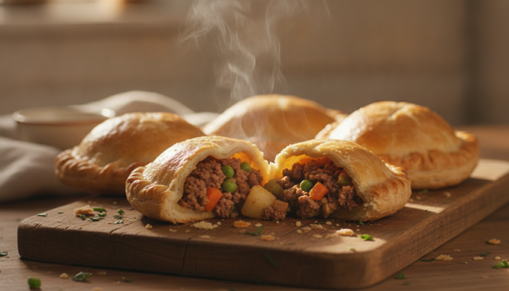 Several golden-brown classic beef and vegetable hand pies on a rustic wooden board with visible flaky crust and a hint o