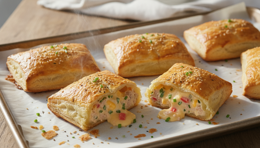 Golden-brown Speedy Tuna Melt Puff Pastry Pockets some cut in half to show the creamy tuna filling with melted cheese Br