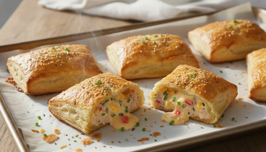 Golden-brown Speedy Tuna Melt Puff Pastry Pockets some cut in half to show the creamy tuna filling with melted cheese Br