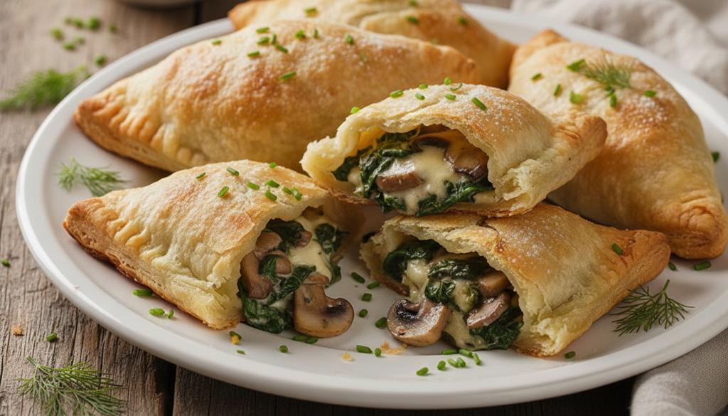 Rustic golden-brown mushroom and spinach savory turnovers on a white plate garnished with fresh herbs showcasing their f
