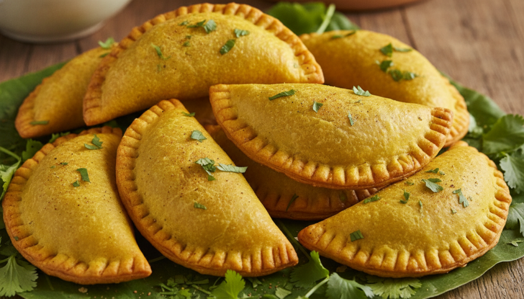 Vibrant golden-yellow curry chicken empanadas beautifully crimped on a bed of fresh cilantro with a rich inviting glow