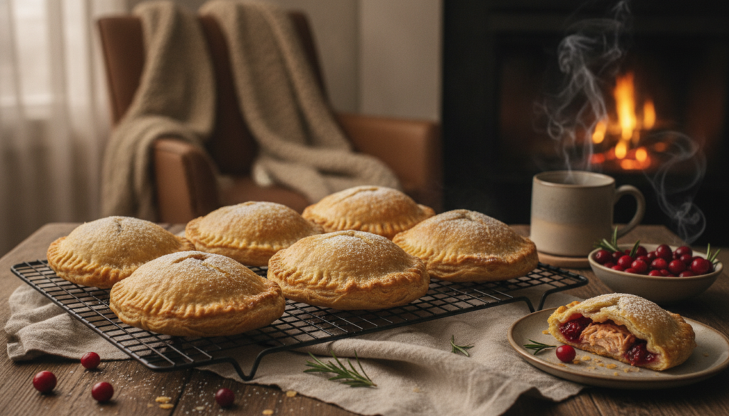 Golden-brown turkey and cranberry hand pies on a cooling rack some with a visible flaky crust and a hint of a rich filli