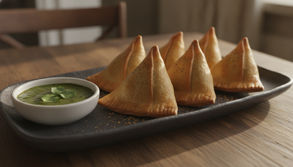 Golden-brown triangular beef and potato samosa-style hand pies on a serving platter with a small bowl of chutney on the 