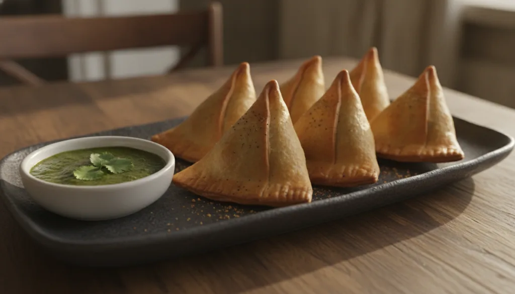Golden-brown triangular beef and potato samosa-style hand pies on a serving platter with a small bowl of chutney on the 