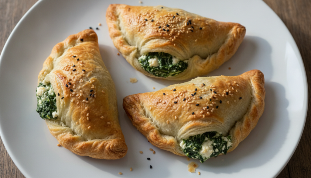 Flaky golden-brown hand pies filled with creamy spinach and feta cheese garnished with a sprinkle of sesame seeds on a w