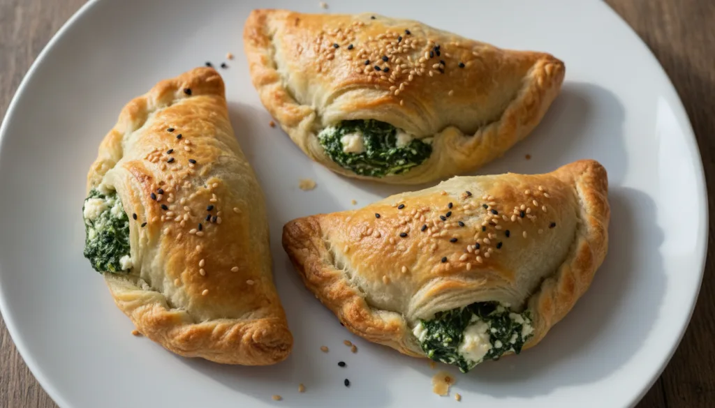 Flaky golden-brown hand pies filled with creamy spinach and feta cheese garnished with a sprinkle of sesame seeds on a w