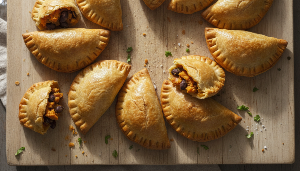 Vibrant orange and black sweet potato and black bean empanadas baked to a golden finish arranged on a wooden board