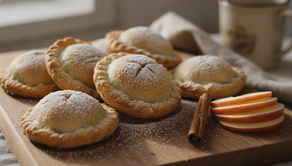 Sweet baked apple cinnamon hand pies dusted with powdered sugar with a hint of cinnamon spice visible