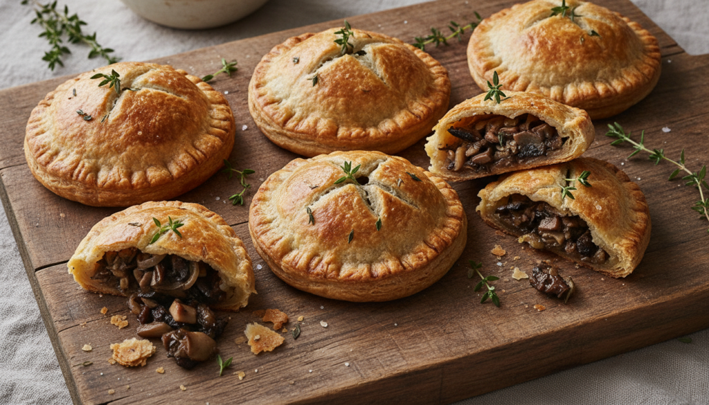 Elegant baked mushroom and thyme savory pastries with a flaky crust and rich earthy filling garnished with fresh thyme s