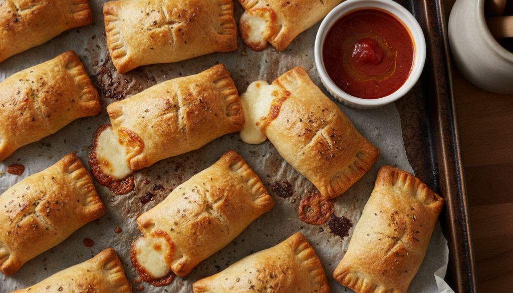 Golden-brown baked pizza pockets with melted cheese oozing out served with marinara sauce for dipping