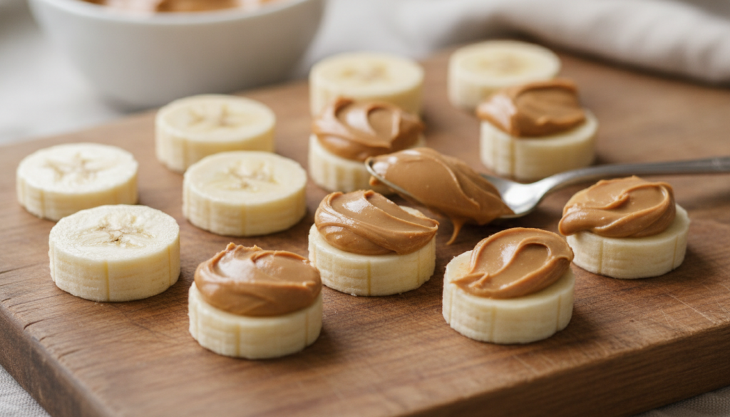 A sliced banana with a dollop of peanut butter or almond butter on top served on a small plate