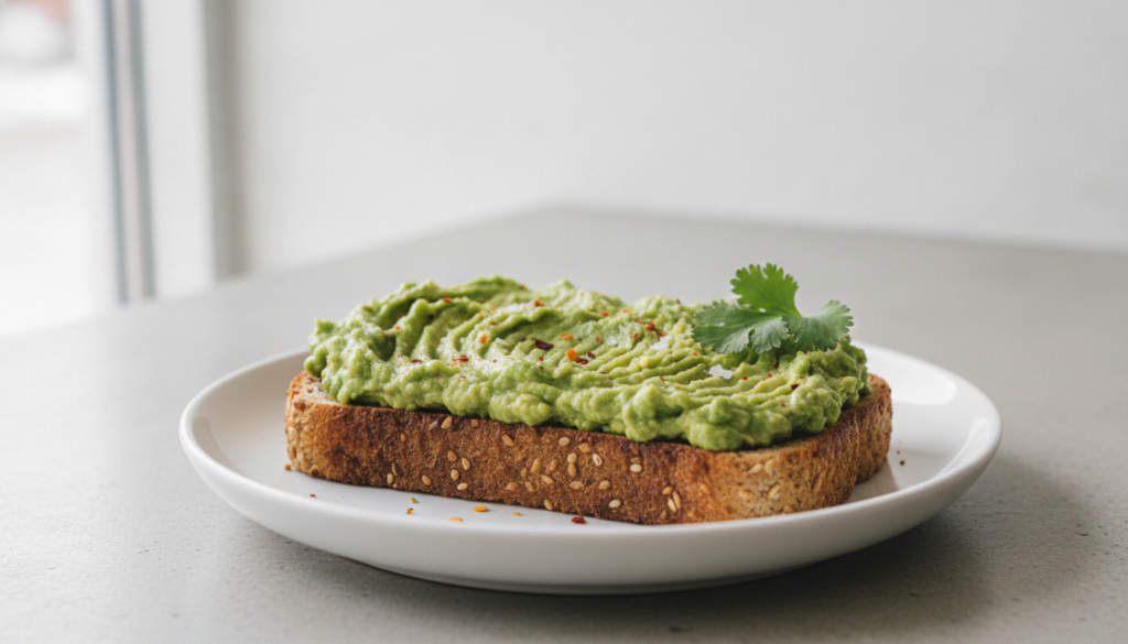 A slice of whole-grain toast topped with mashed avocado and a sprinkle of red pepper flakes on a white plate