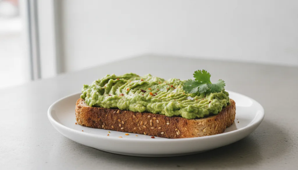 A slice of whole-grain toast topped with mashed avocado and a sprinkle of red pepper flakes on a white plate