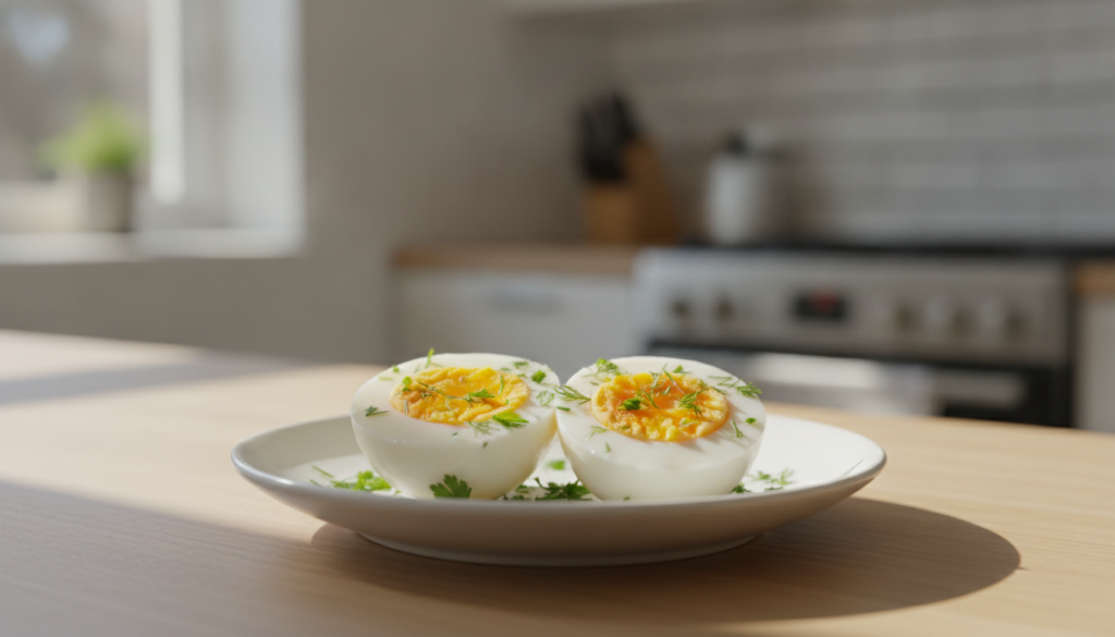 Two perfectly hard-boiled eggs peeled and sliced in half showing their golden yolks presented on a small white plate