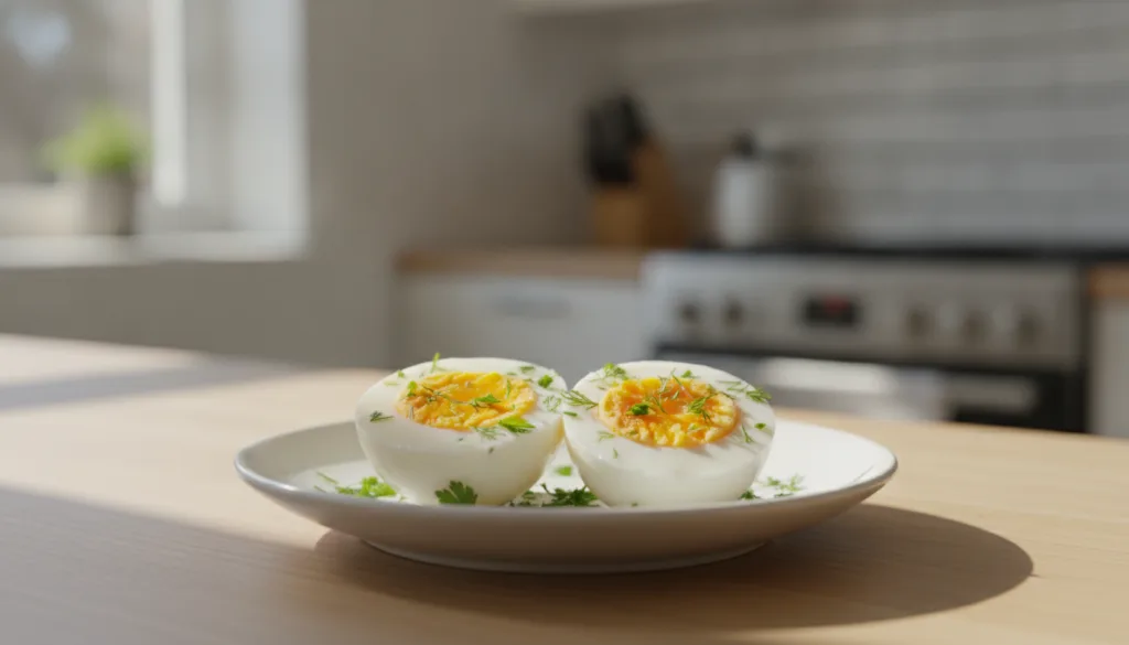 Two perfectly hard-boiled eggs peeled and sliced in half showing their golden yolks presented on a small white plate