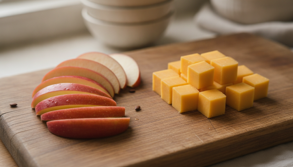 Crisp apple slices served alongside cubes of cheddar cheese on a small wooden board