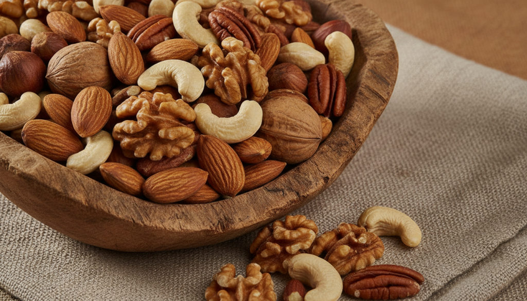 A small bowl filled with a variety of mixed nuts including almonds walnuts and cashews