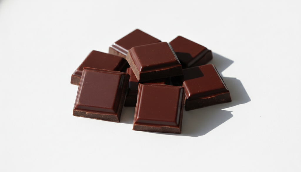 Several small squares of dark chocolate with high cocoa content arranged on a white surface