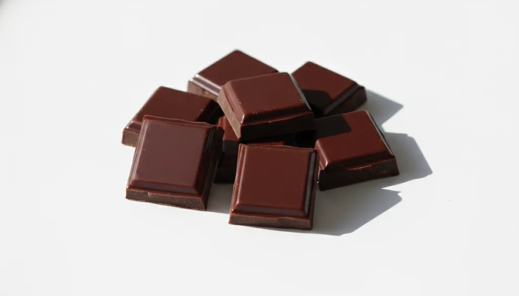 Several small squares of dark chocolate with high cocoa content arranged on a white surface