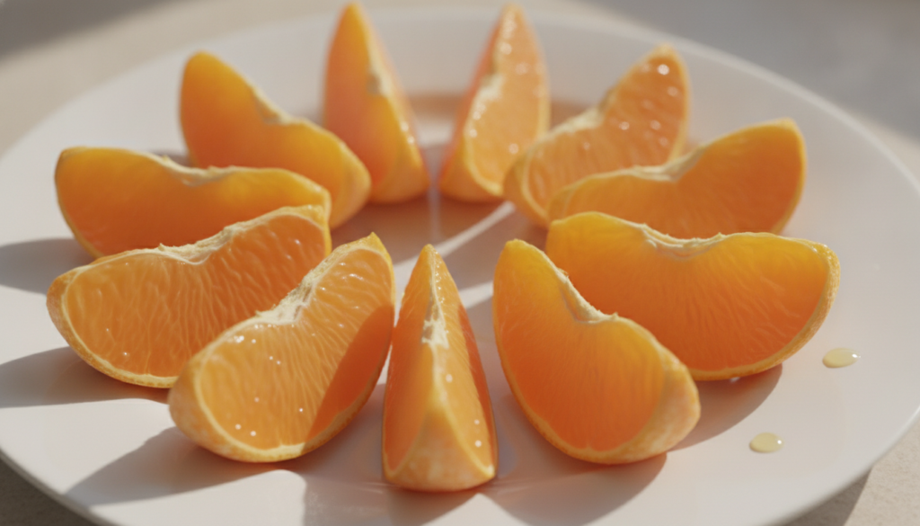 Neatly segmented orange slices arranged in a vibrant pattern on a white plate