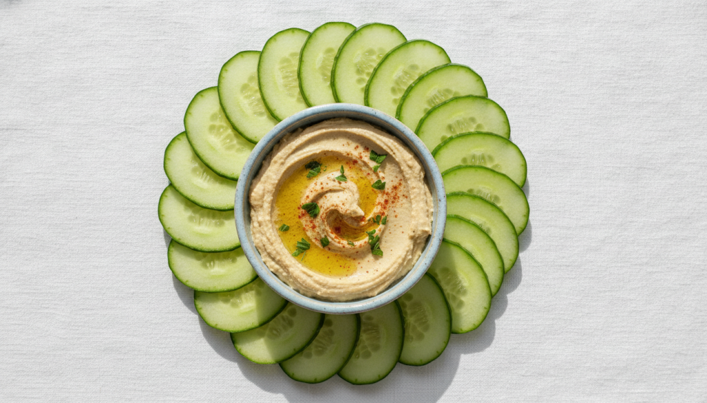 Cucumber slices arranged around a small bowl of creamy hummus ready for dipping