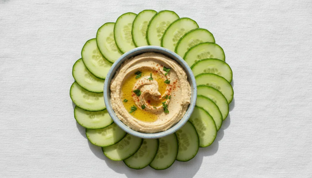 Cucumber slices arranged around a small bowl of creamy hummus ready for dipping