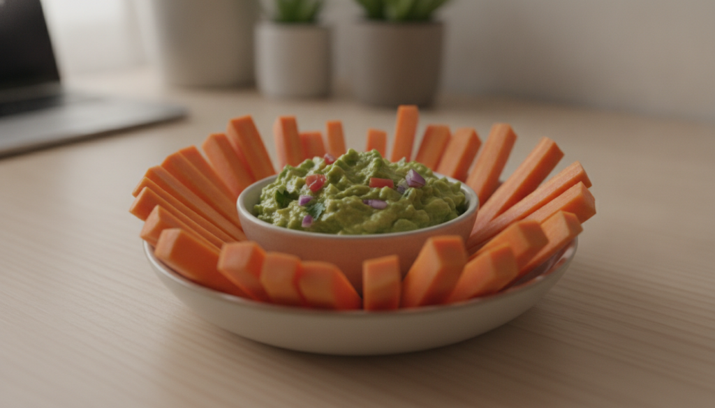 Crisp carrot sticks arranged around a small container of fresh guacamole