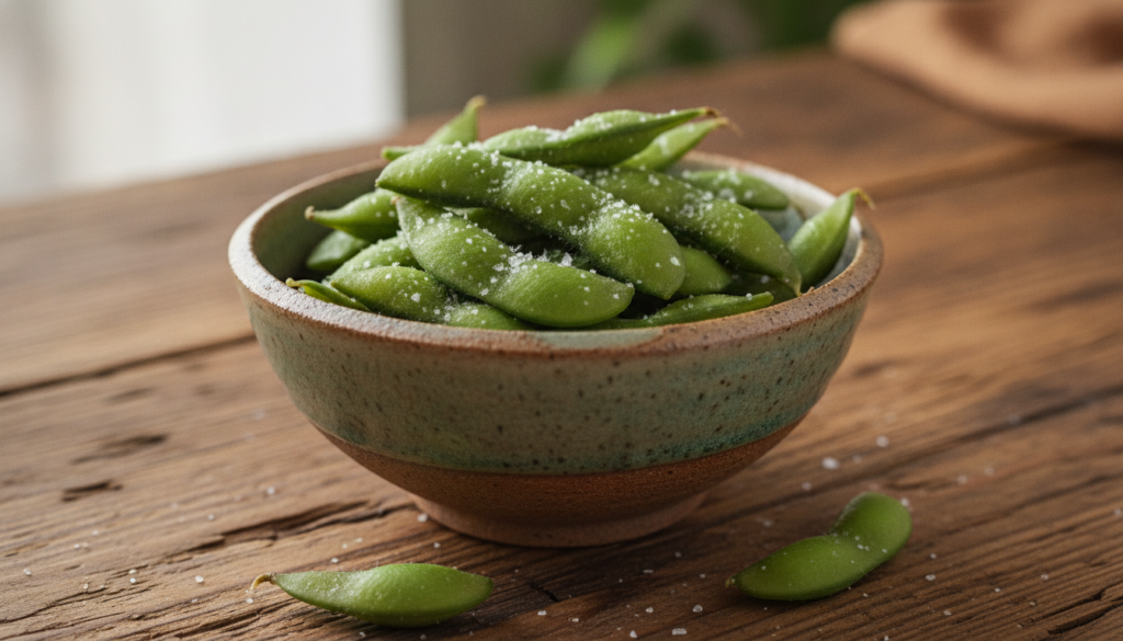 A bowl of steamed edamame pods lightly salted ready to be eaten