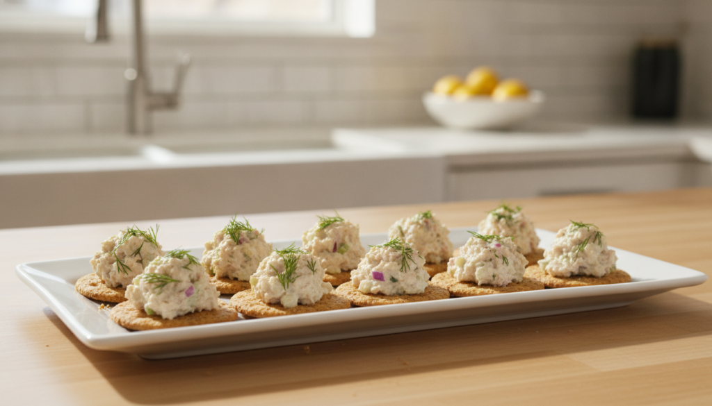 Whole grain crackers topped with a small scoop of tuna salad presented on a white plate