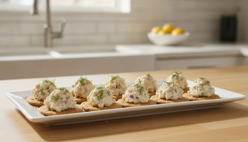 Whole grain crackers topped with a small scoop of tuna salad presented on a white plate