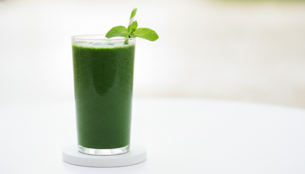 A vibrant green smoothie in a clear glass with a straw garnished with a mint leaf on a light background