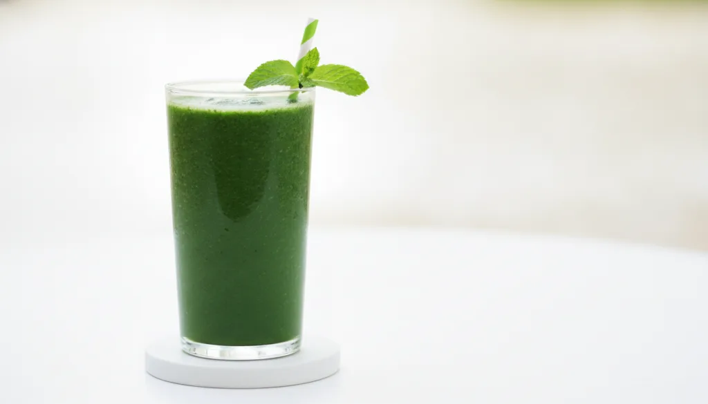 A vibrant green smoothie in a clear glass with a straw garnished with a mint leaf on a light background