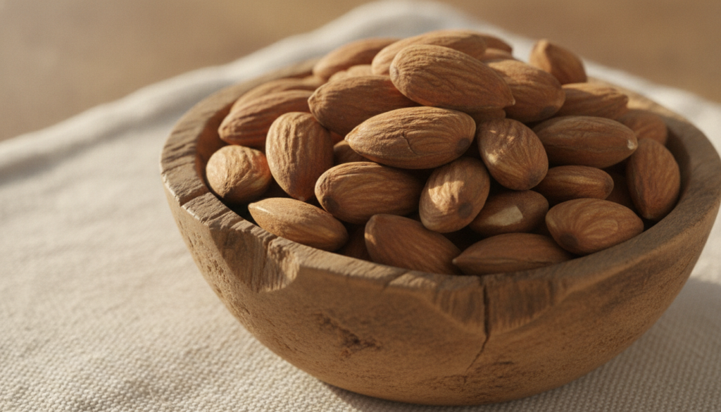 A small handful of raw almonds in a wooden bowl or scattered on a surface