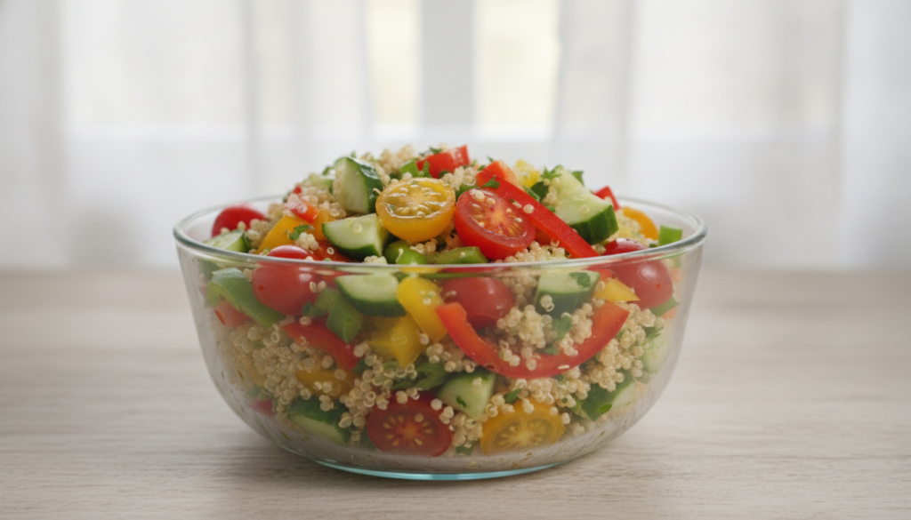A colorful quinoa salad with chopped vegetables like cucumber tomatoes and bell peppers in a clear bowl
