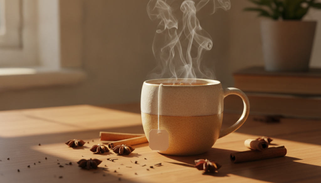 A steaming mug of herbal tea with a tea bag perhaps chamomile or peppermint on a desk