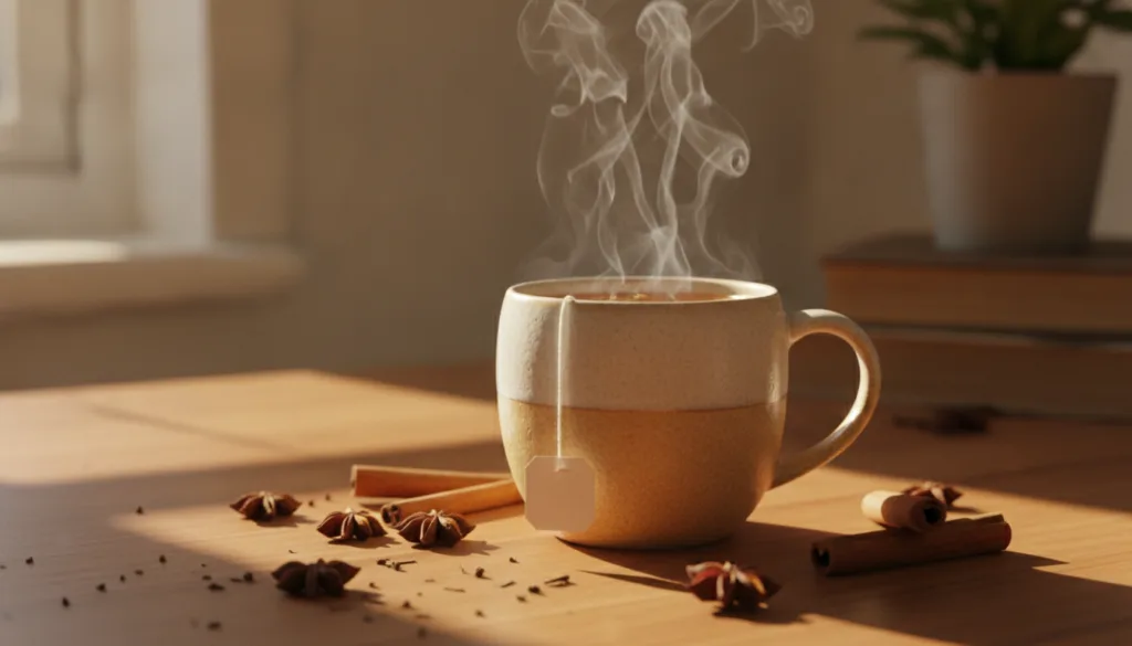 A steaming mug of herbal tea with a tea bag perhaps chamomile or peppermint on a desk