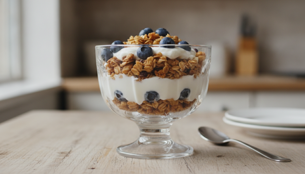 A layered glass of plain yogurt and crunchy granola perhaps with some berries visible