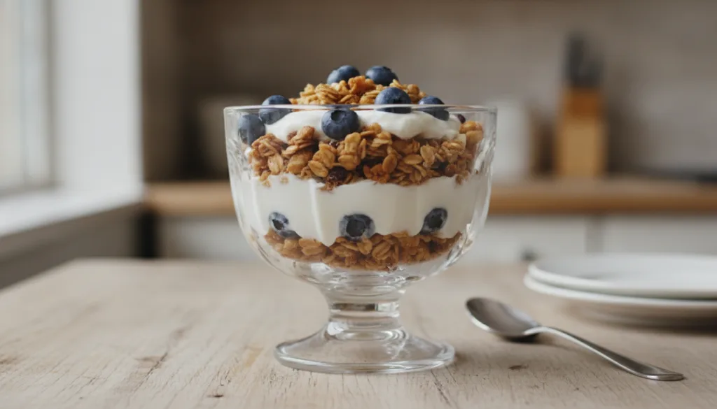 A layered glass of plain yogurt and crunchy granola perhaps with some berries visible