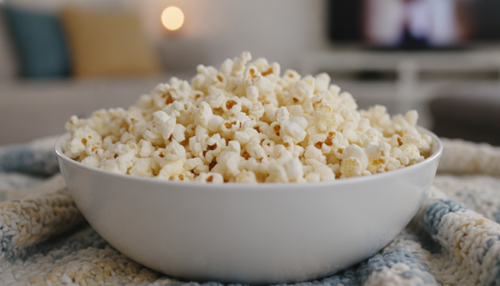 A large bowl of freshly air-popped popcorn lightly seasoned ready for a relaxed evening snack