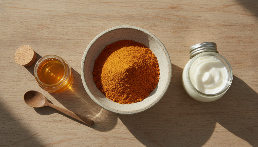 Ingredients for orange peel paste a bowl of orange peel powder a small container of plain yogurt and a jar of honey arra