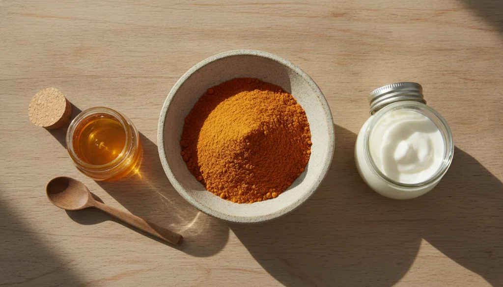 Ingredients for orange peel paste a bowl of orange peel powder a small container of plain yogurt and a jar of honey arra