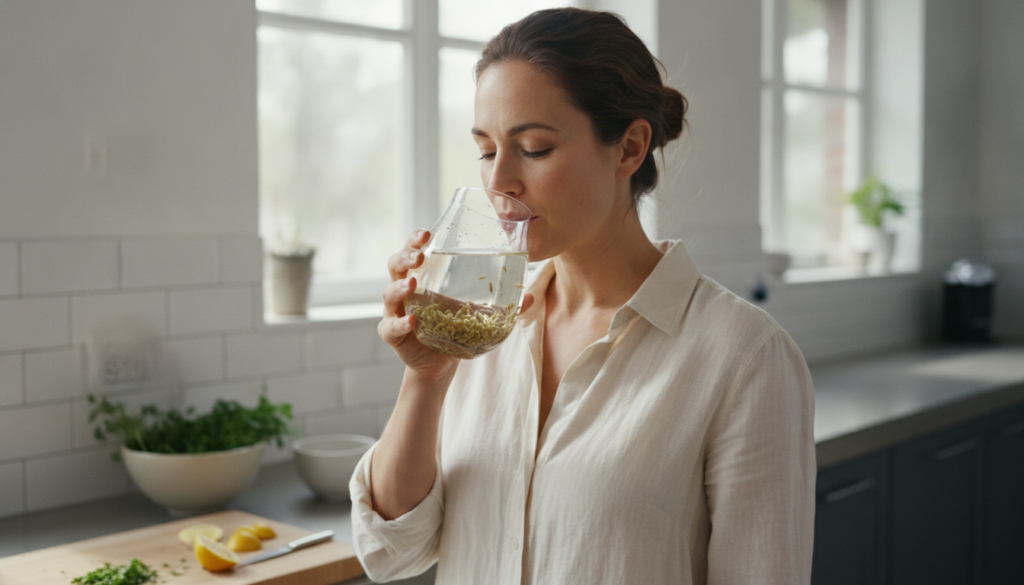 A woman holding a glass of fennel seed infused water taking a sip with a refreshed expression