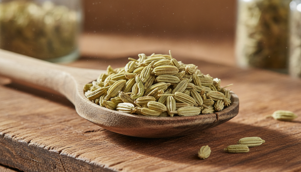 A close-up of dried fennel seeds on a wooden spoon highlighting their texture and color