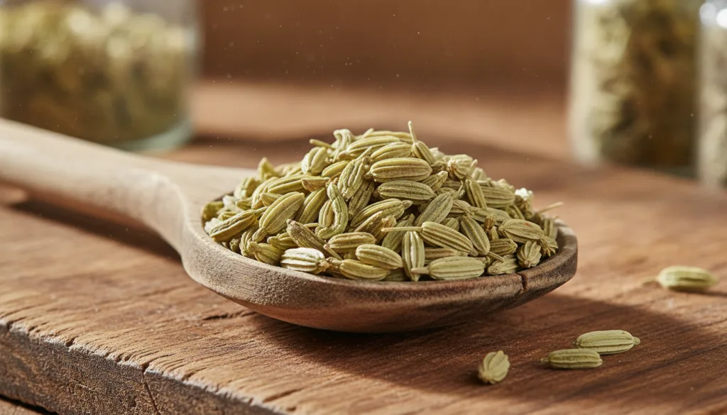 A close-up of dried fennel seeds on a wooden spoon highlighting their texture and color