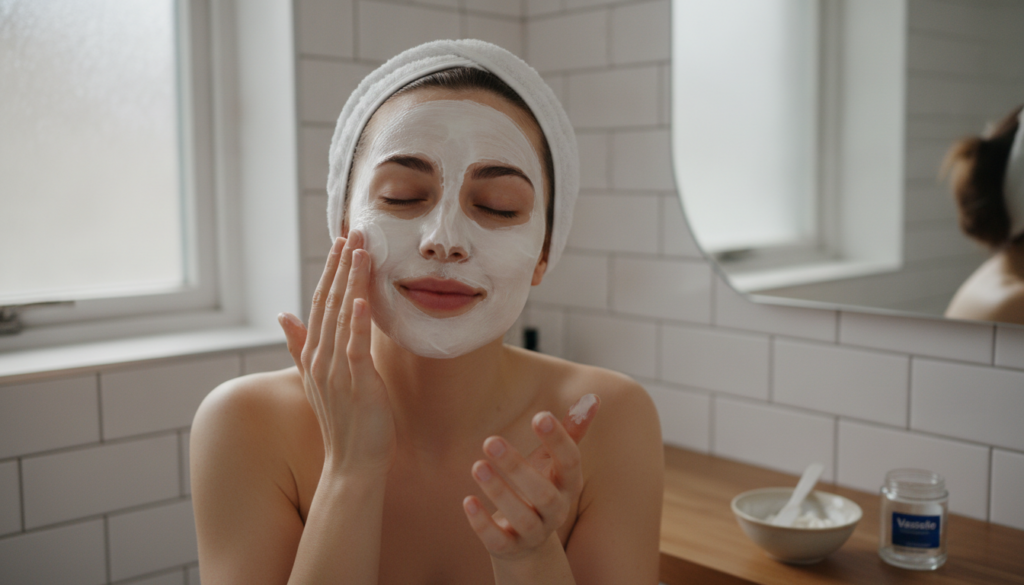 A woman gently applying a homemade potato and Vaseline face mask to her clean face